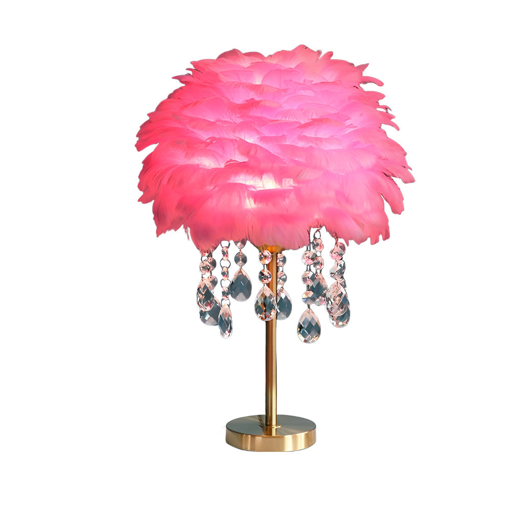 Modern Fluffy Feather Table Lamp with Crystal Tassels and Brass Base LED Bedside Lighting