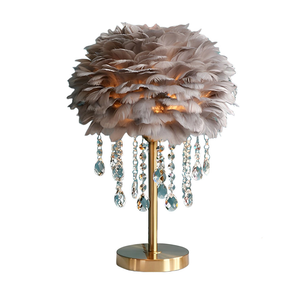 Modern Fluffy Feather Table Lamp with Crystal Tassels and Brass Base LED Bedside Lighting