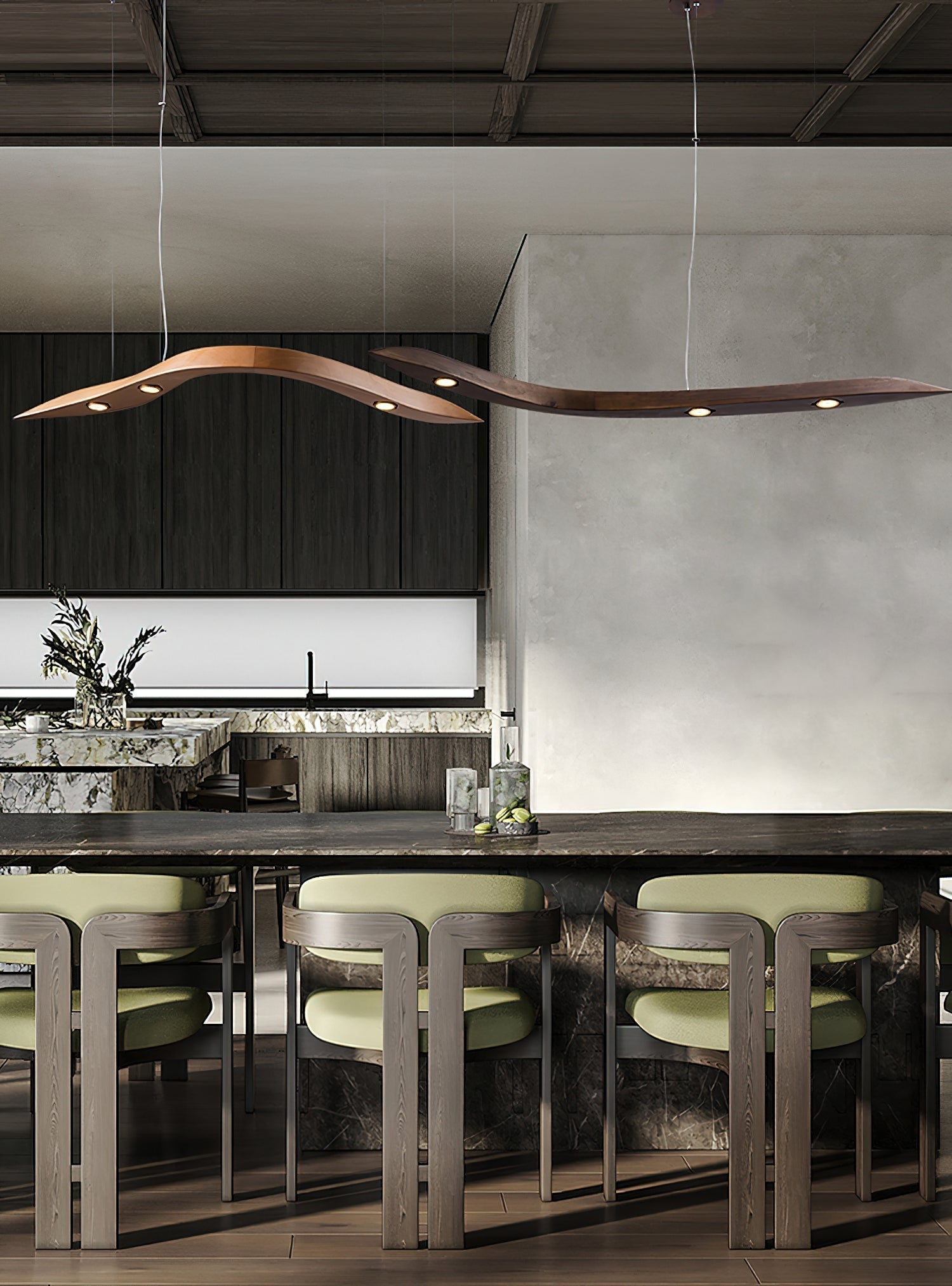 Modern Fluid Wood LED Pendant Light Waveform Architectural Hanging Chandelier Lamp