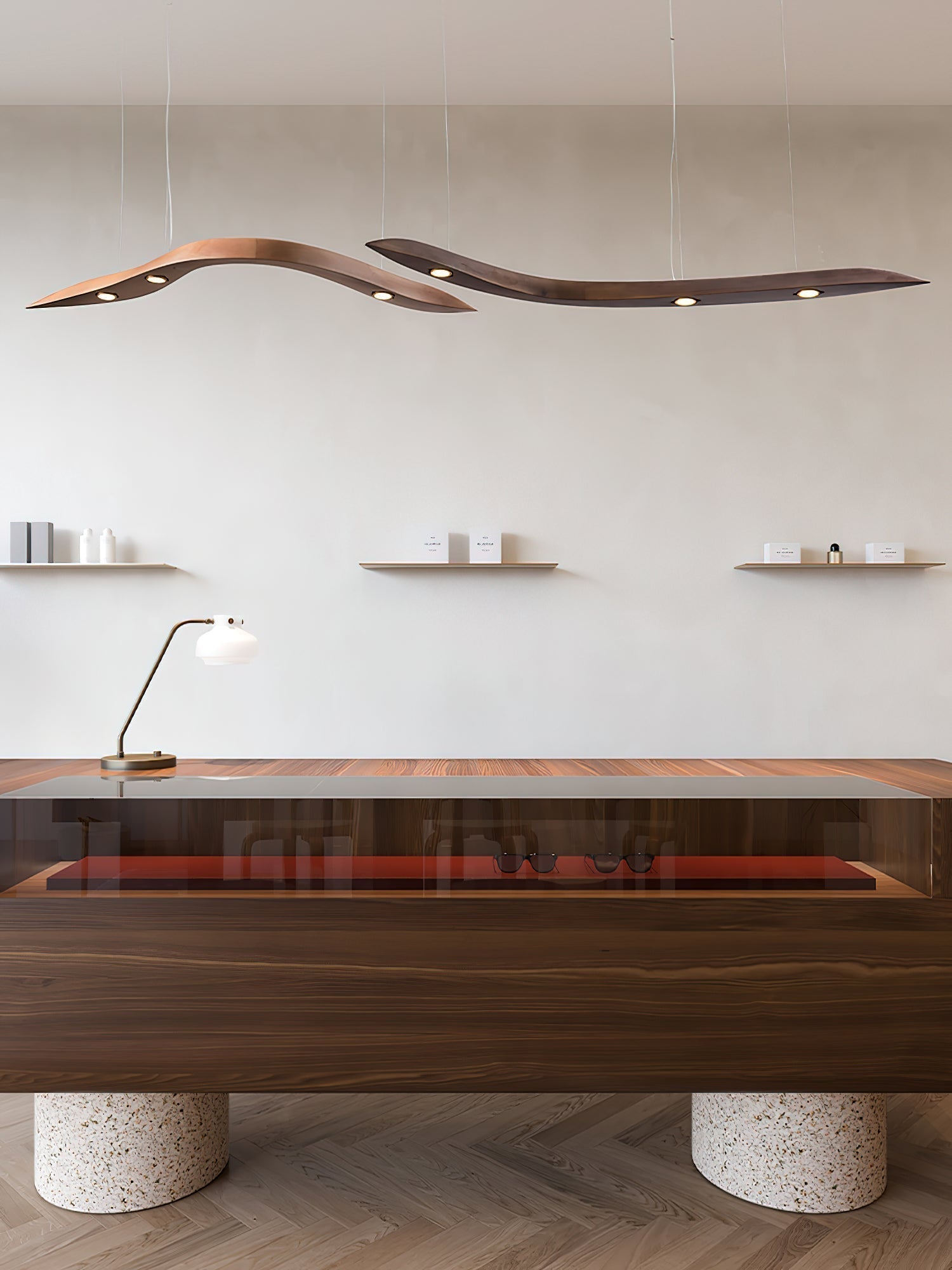 Modern Fluid Wood LED Pendant Light Waveform Architectural Hanging Chandelier Lamp