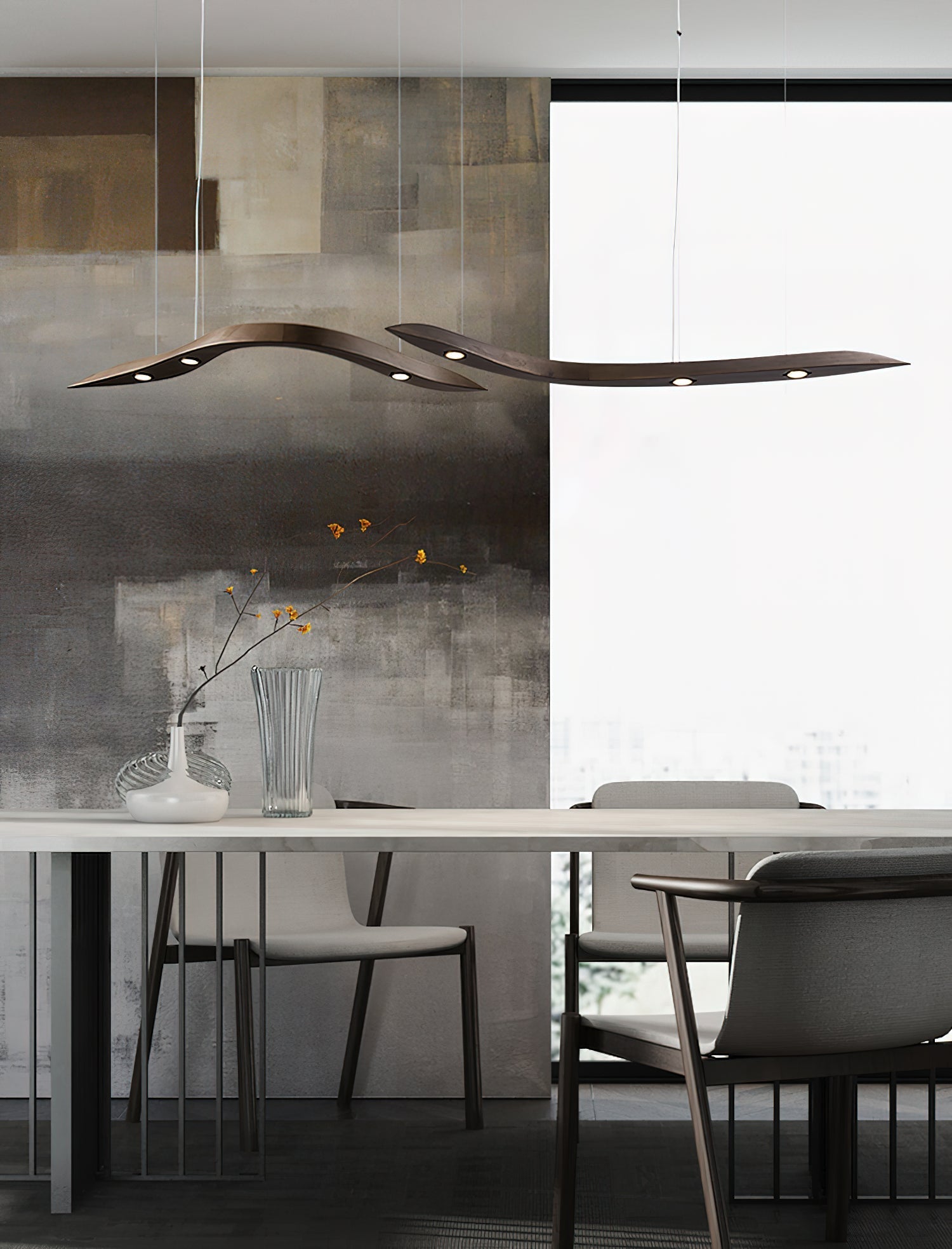 Modern Fluid Wood LED Pendant Light Waveform Architectural Hanging Chandelier Lamp