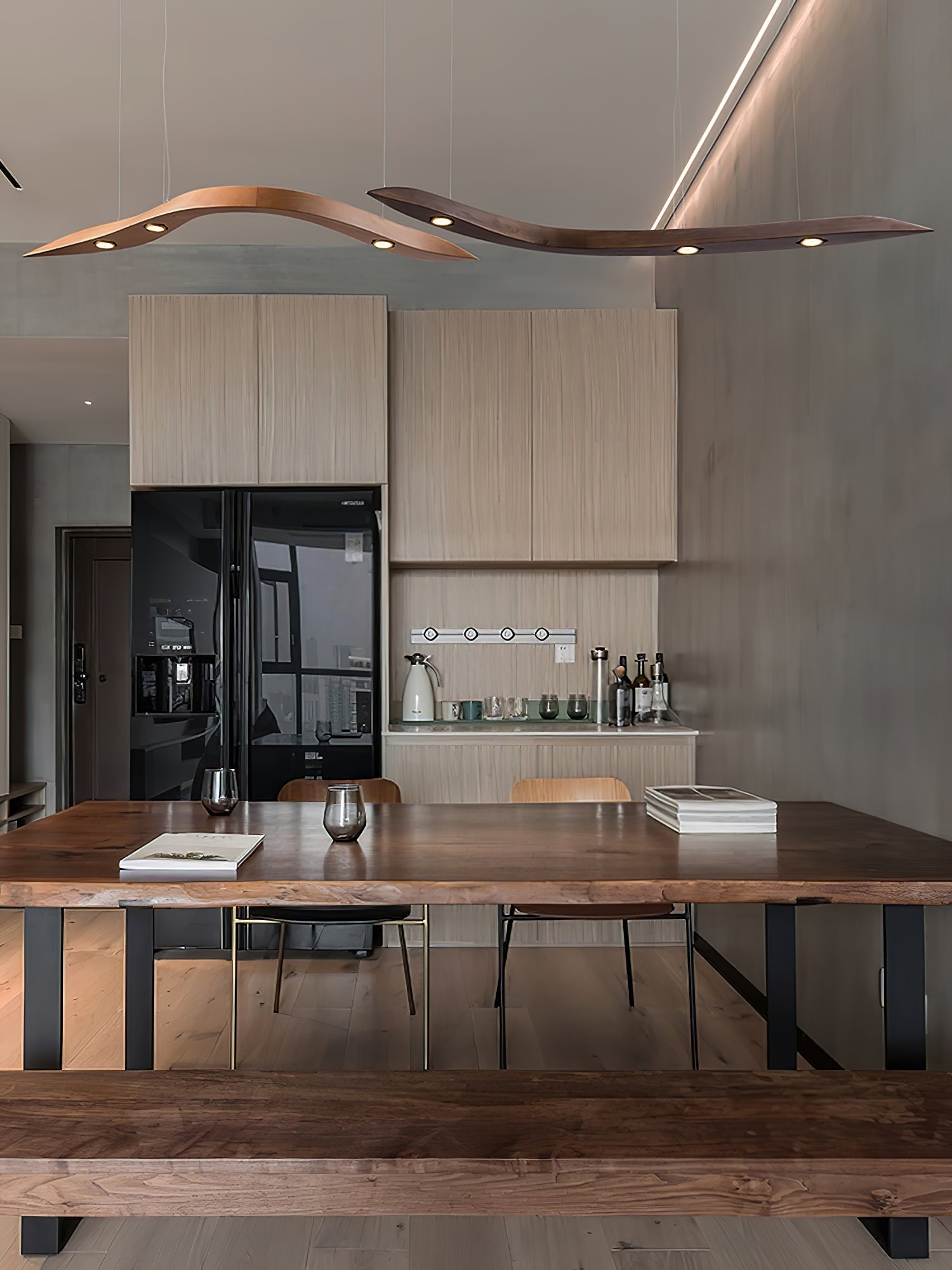 Modern Fluid Wood LED Pendant Light Waveform Architectural Hanging Chandelier Lamp