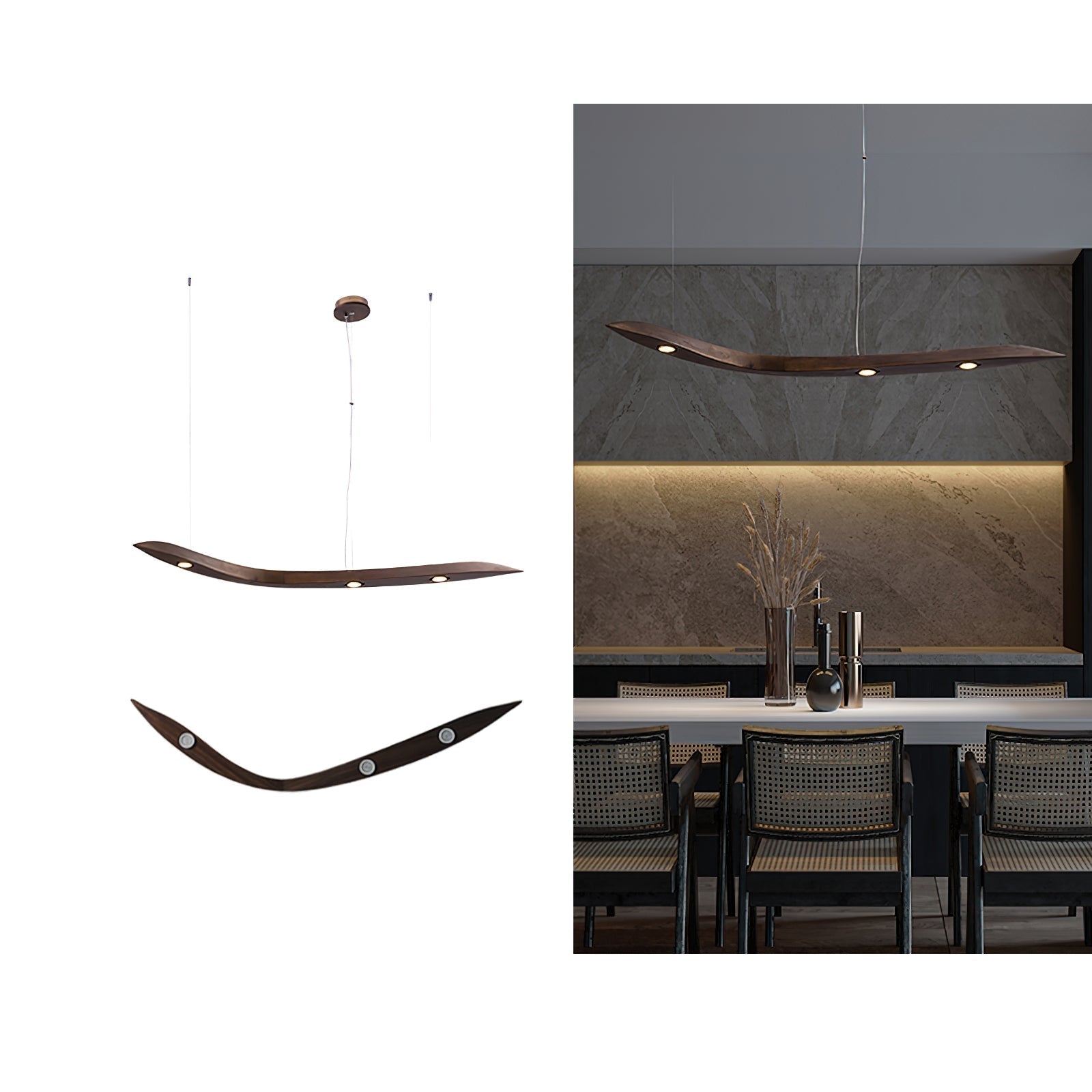 Modern Fluid Wood LED Pendant Light Waveform Architectural Hanging Chandelier Lamp