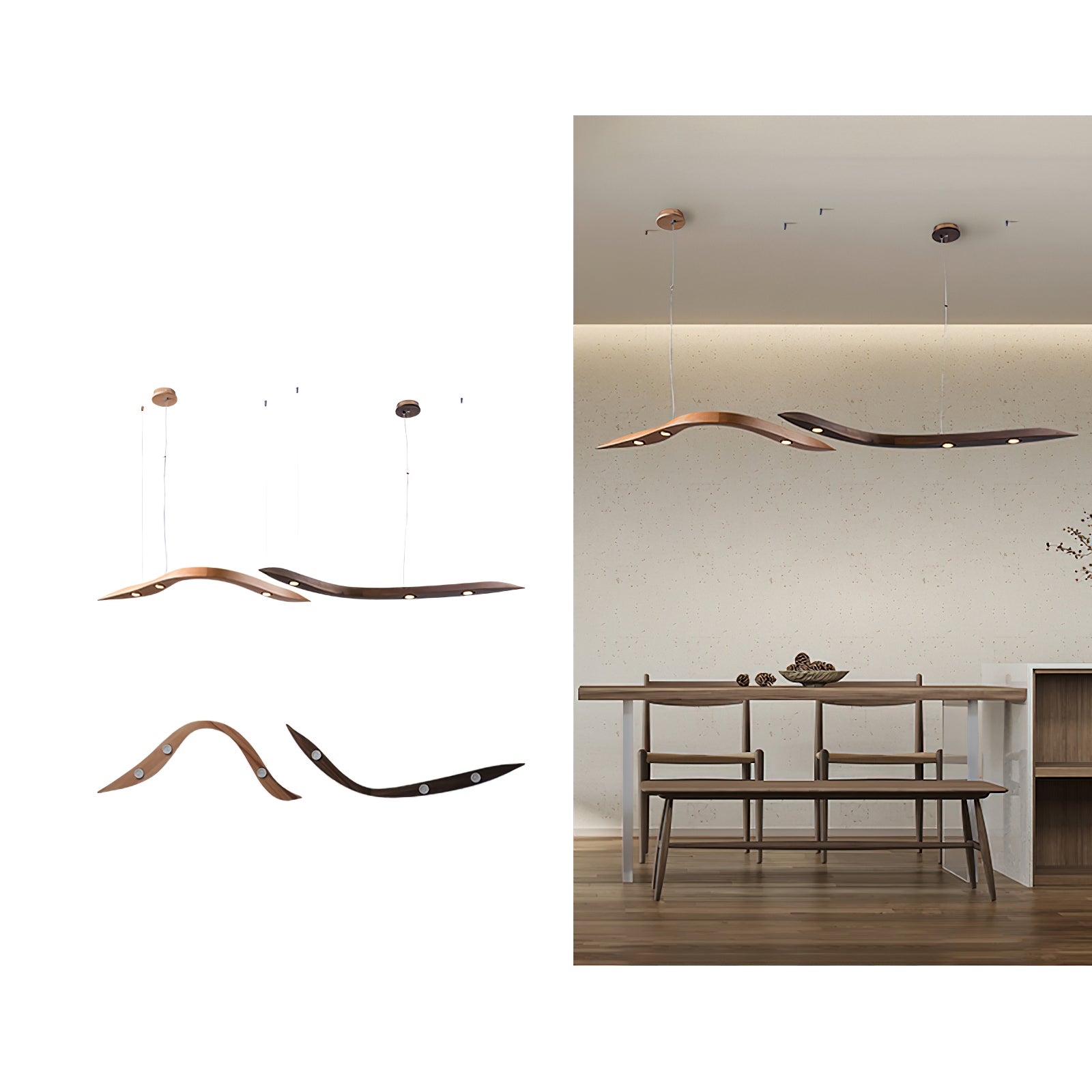 Modern Fluid Wood LED Pendant Light Waveform Architectural Hanging Chandelier Lamp