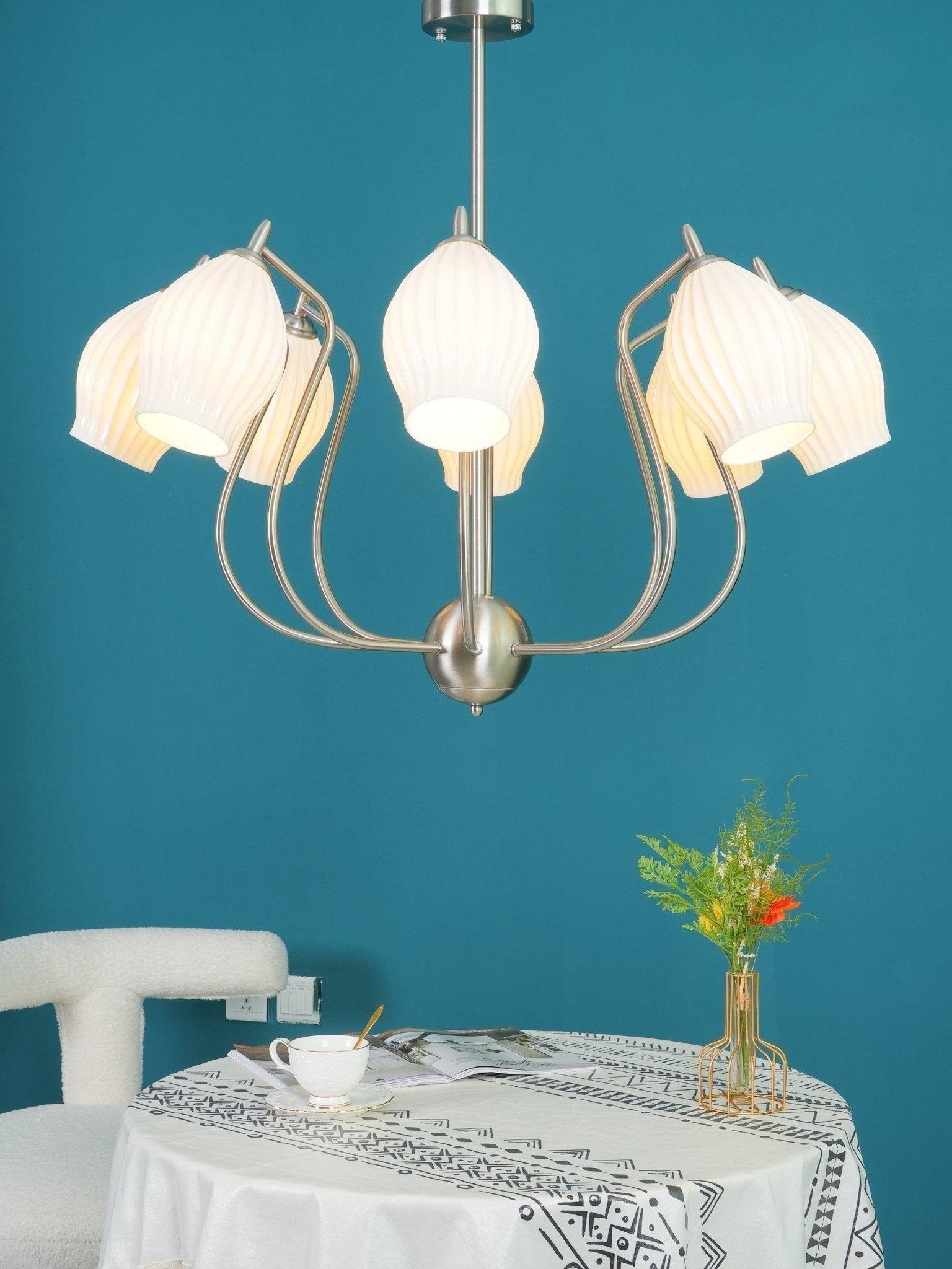 Modern Fluted Ceramic Ribbed Chandelier Multi Light Glass Gasolier Ceiling Fixture
