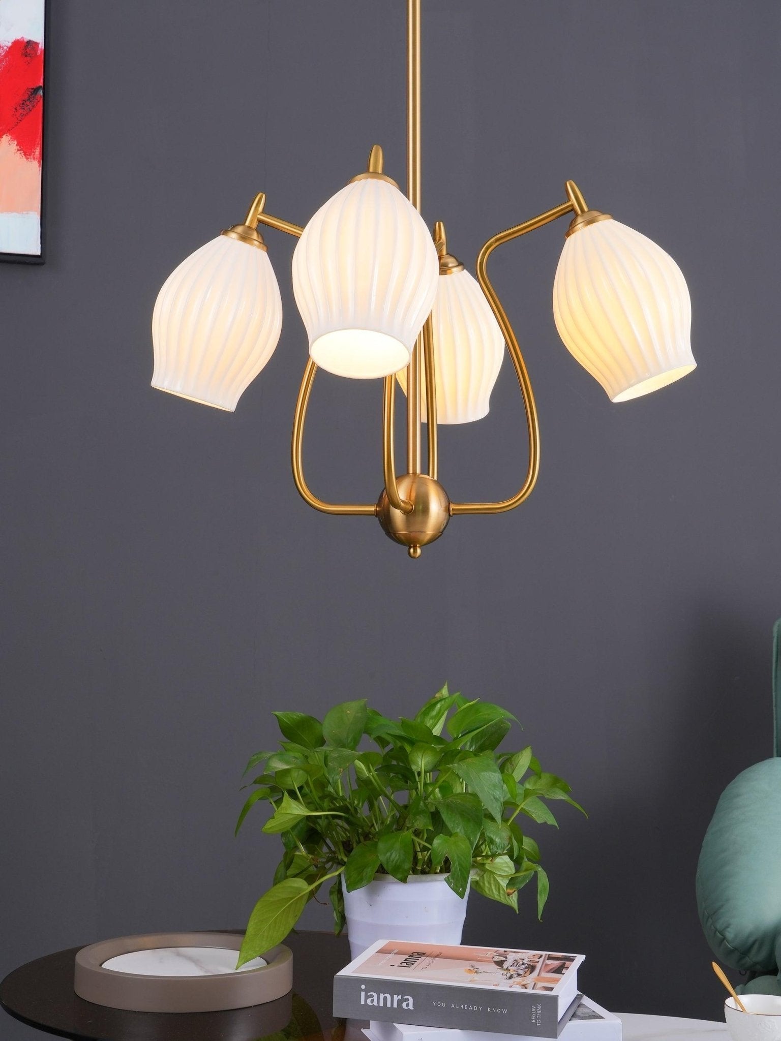 Modern Fluted Ceramic Ribbed Chandelier Multi Light Glass Gasolier Ceiling Fixture
