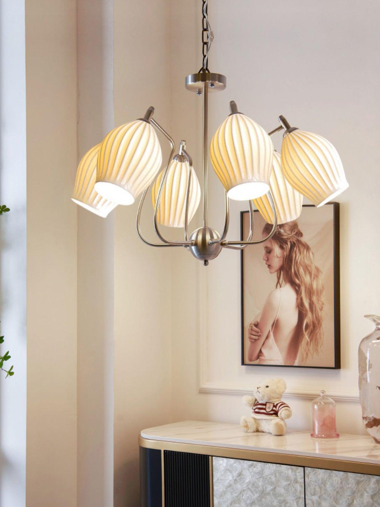 Modern Fluted Ceramic Ribbed Chandelier Multi Light Glass Gasolier Ceiling Fixture