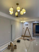 Modern Fluted Ceramic Ribbed Chandelier Multi Light Glass Gasolier Ceiling Fixture
