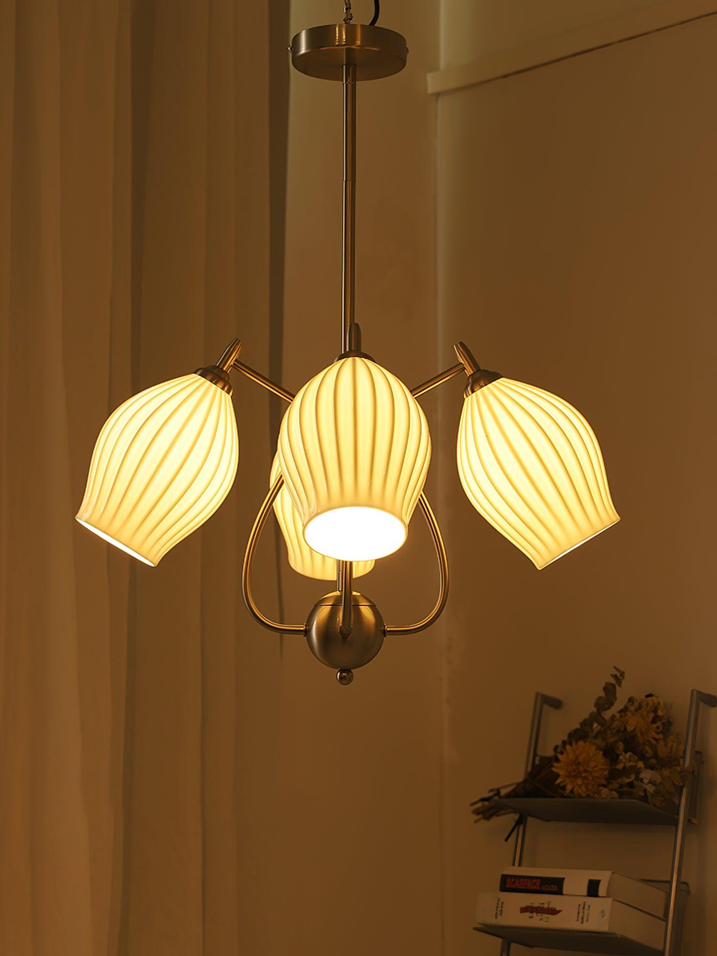 Modern Fluted Ceramic Ribbed Chandelier Multi Light Glass Gasolier Ceiling Fixture