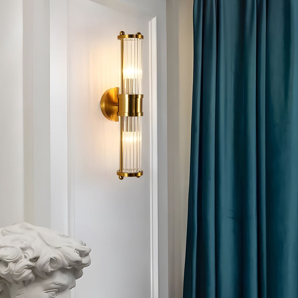 Modern Fluted Glass Wall Sconce in Gold or Chrome Finish Cylinder LED Indoor Vanity Lighting