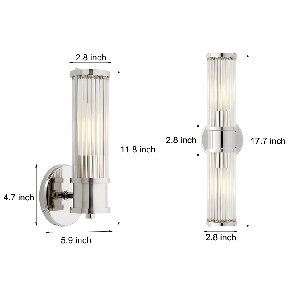 Modern Fluted Glass Wall Sconce in Gold or Chrome Finish Cylinder LED Indoor Vanity Lighting