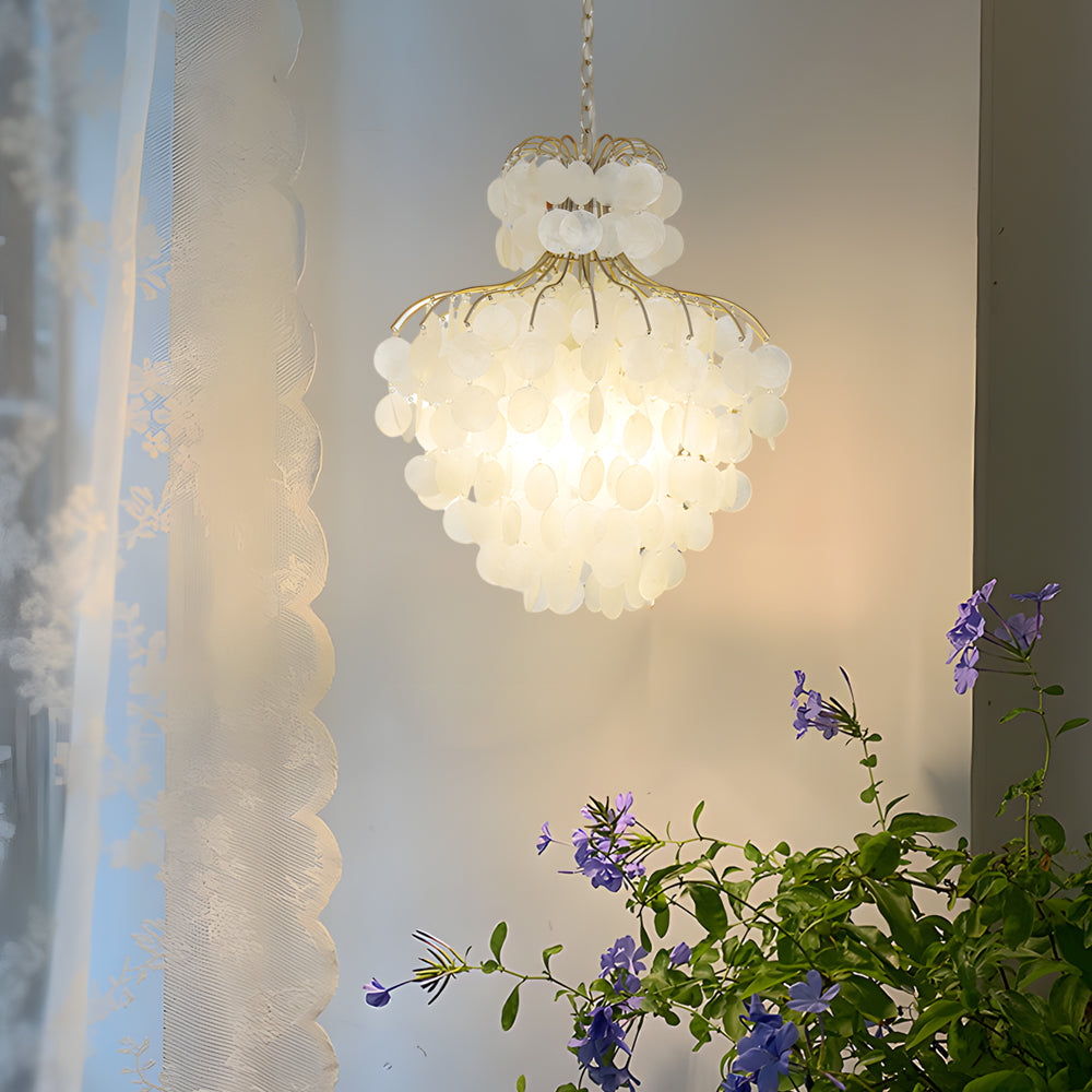 Modern French Retro Tiered Capiz Shell Chandelier with Crystal Accents for Dining Room