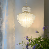 Modern French Retro Tiered Capiz Shell Chandelier with Crystal Accents for Dining Room