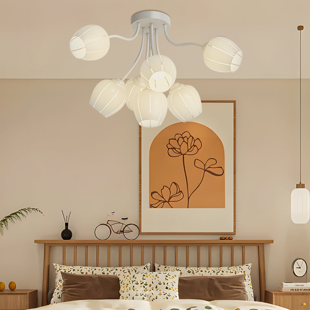 Modern French Style 7 Light Floral Chandelier Green and White Flower Design Ceiling Fixture