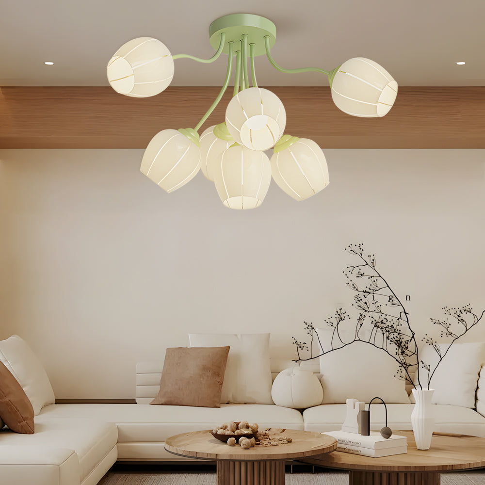 Modern French Style 7 Light Floral Chandelier Green and White Flower Design Ceiling Fixture