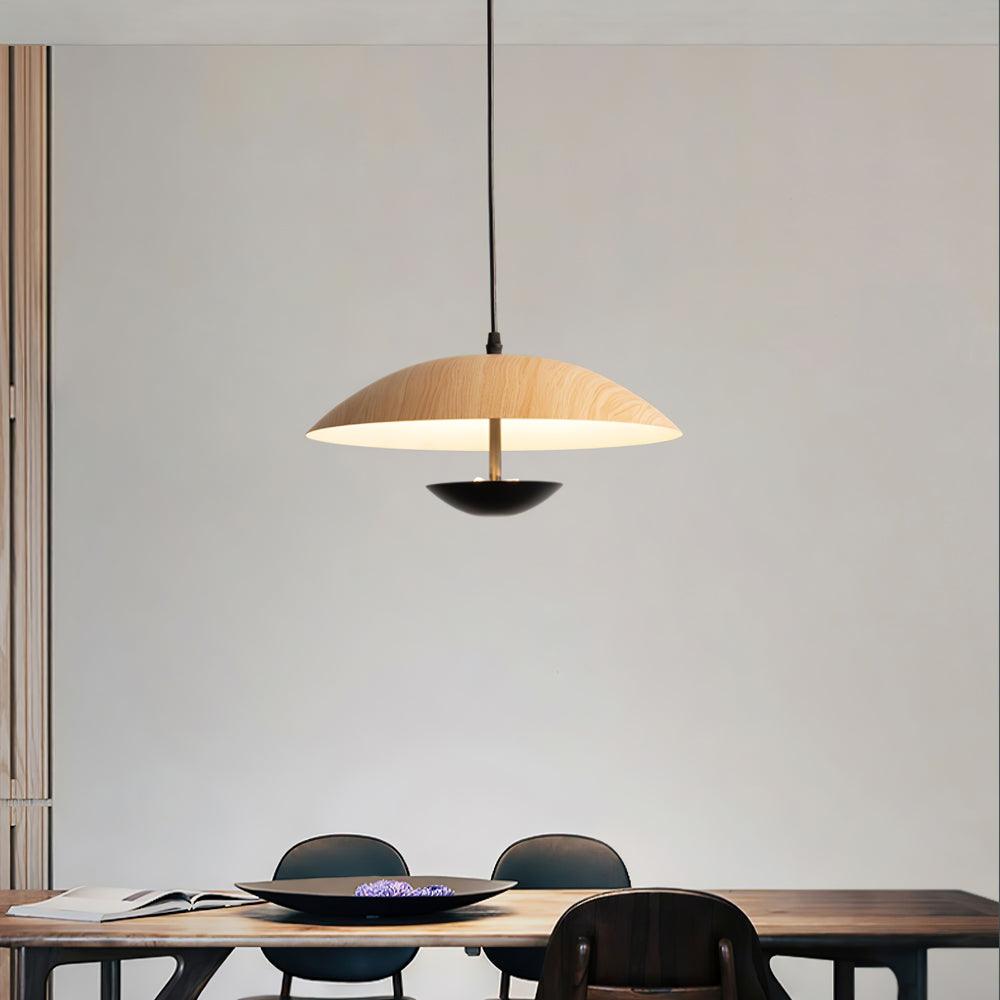 Modern Frisbee LED Pendant Light Wood Grain Hanging Lamp for Kitchen Island and Dining Room