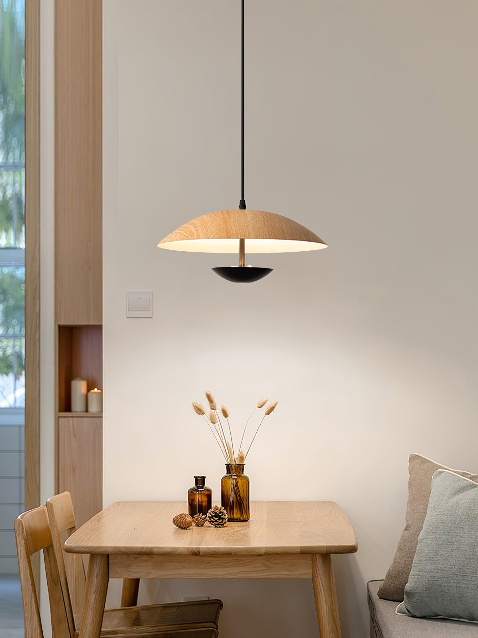 Modern Frisbee LED Pendant Light Wood Grain Hanging Lamp for Kitchen Island and Dining Room