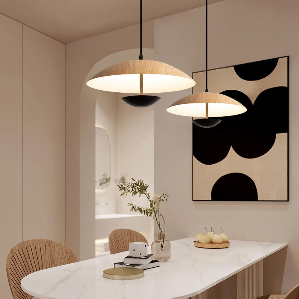 Modern Frisbee LED Pendant Light Wood Grain Hanging Lamp for Kitchen Island and Dining Room