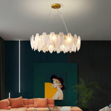 Modern Frosted Glass Feather Chandelier Multi Tier Gold Pendant Light for Living Room