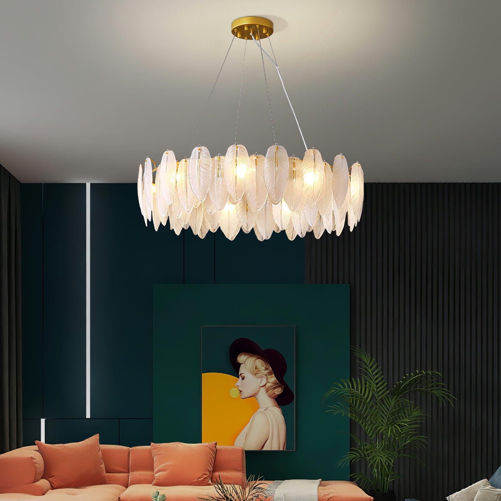 Modern Frosted Glass Feather Chandelier Multi Tier Gold Pendant Light for Living Room