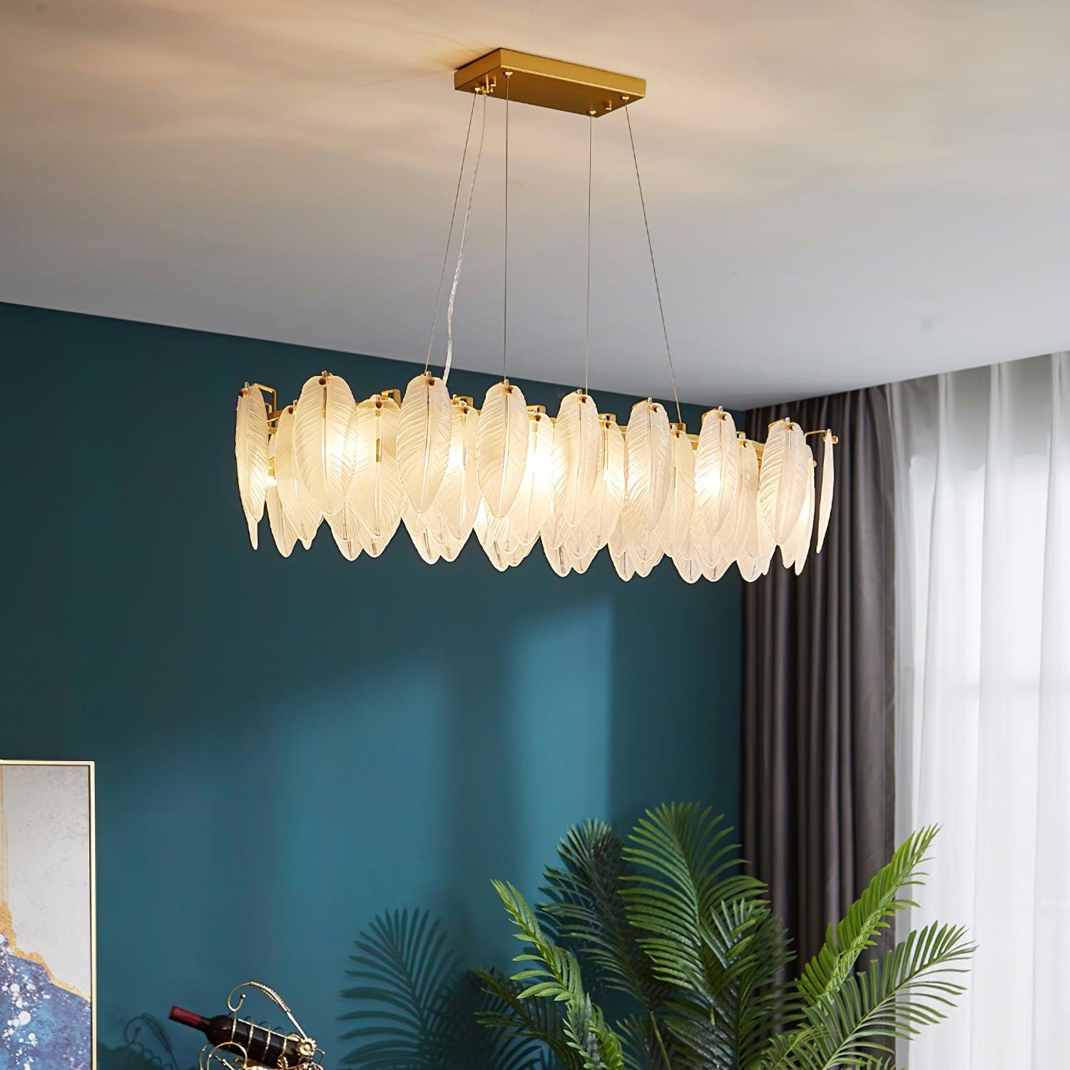 Modern Frosted Glass Feather Chandelier Multi Tier Gold Pendant Light for Living Room