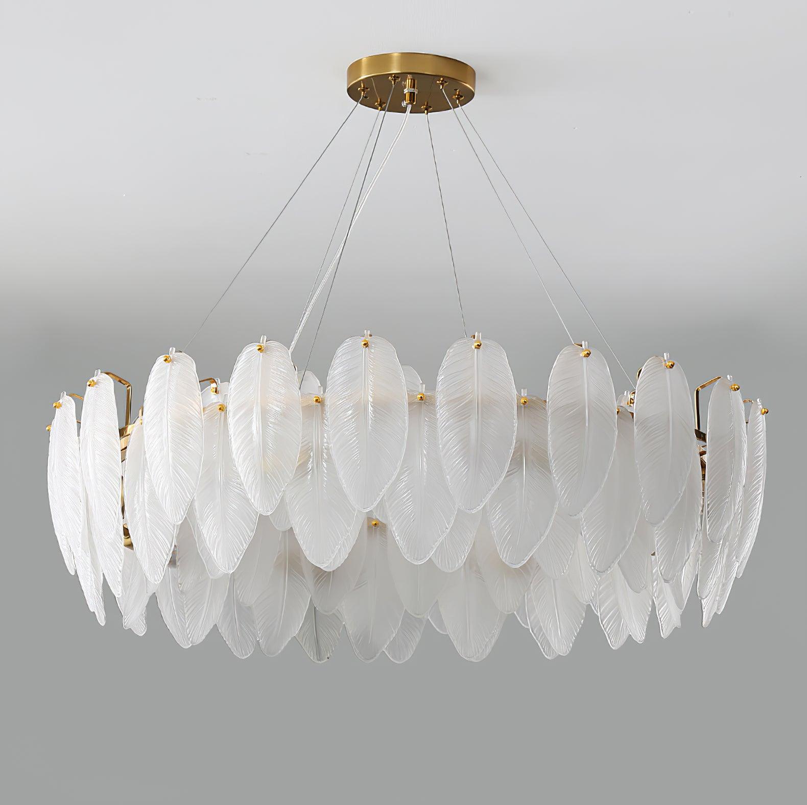 Modern Frosted Glass Feather Chandelier Multi Tier Gold Pendant Light for Living Room