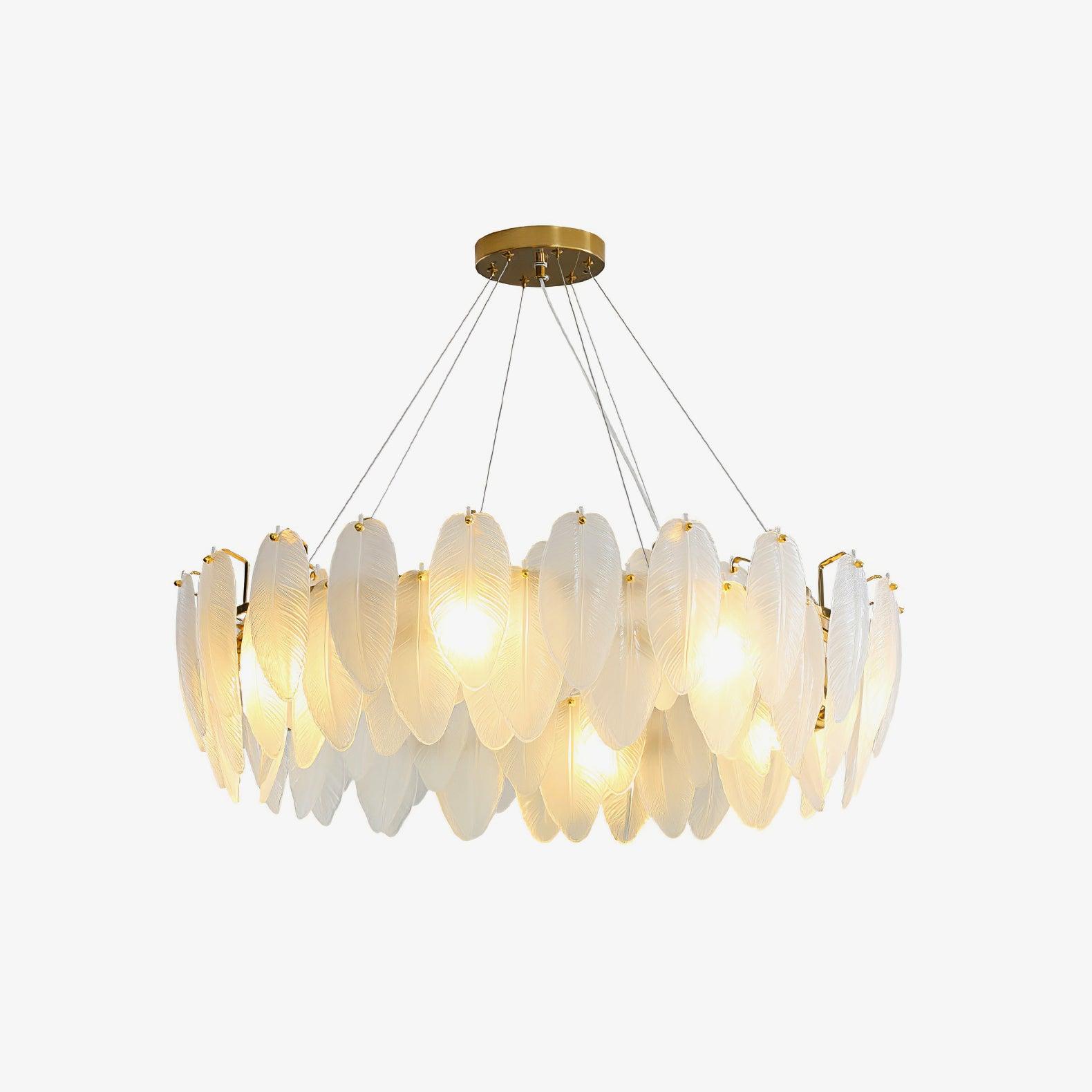 Modern Frosted Glass Feather Chandelier Multi Tier Gold Pendant Light for Living Room