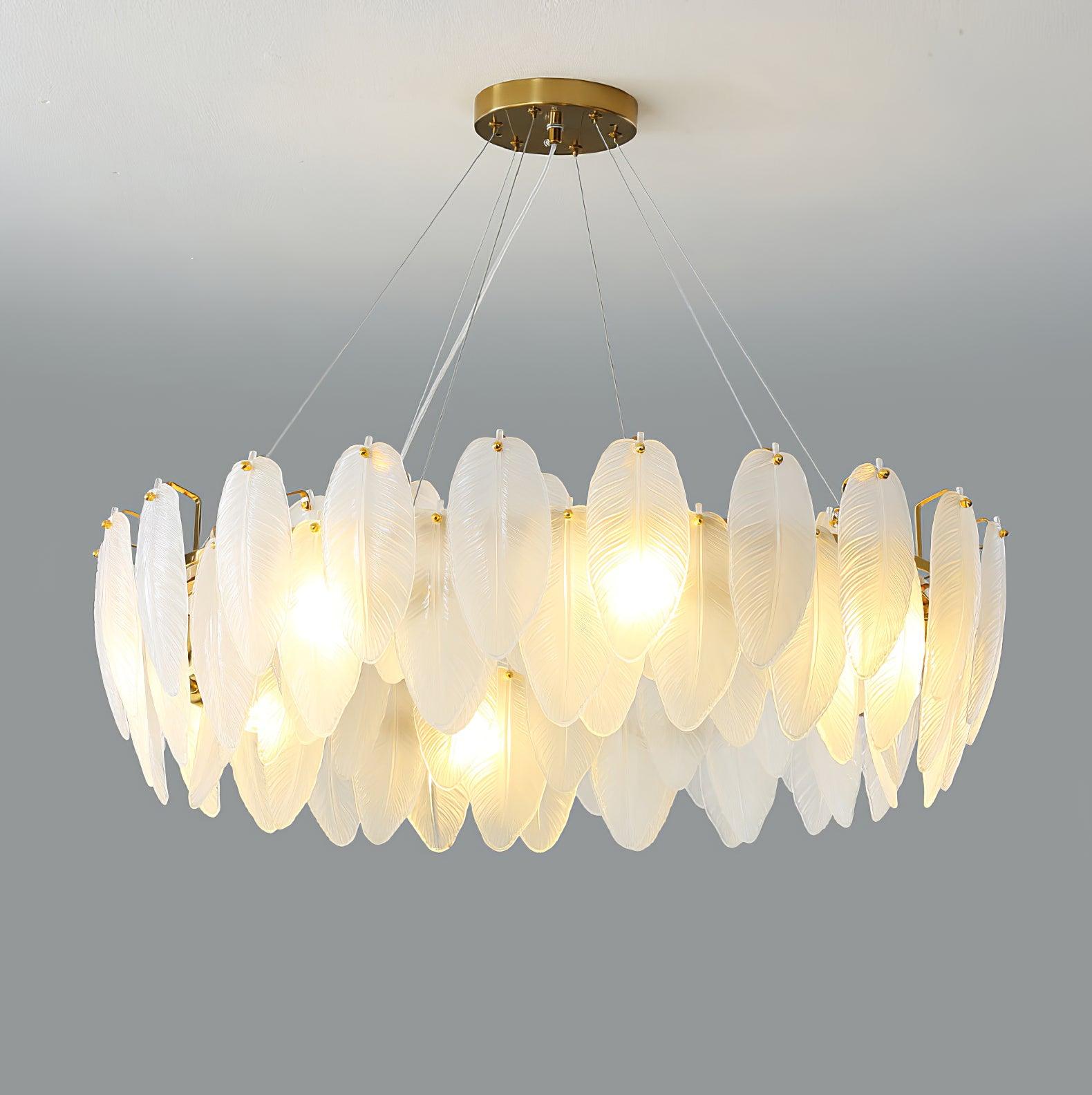 Modern Frosted Glass Feather Chandelier Multi Tier Gold Pendant Light for Living Room
