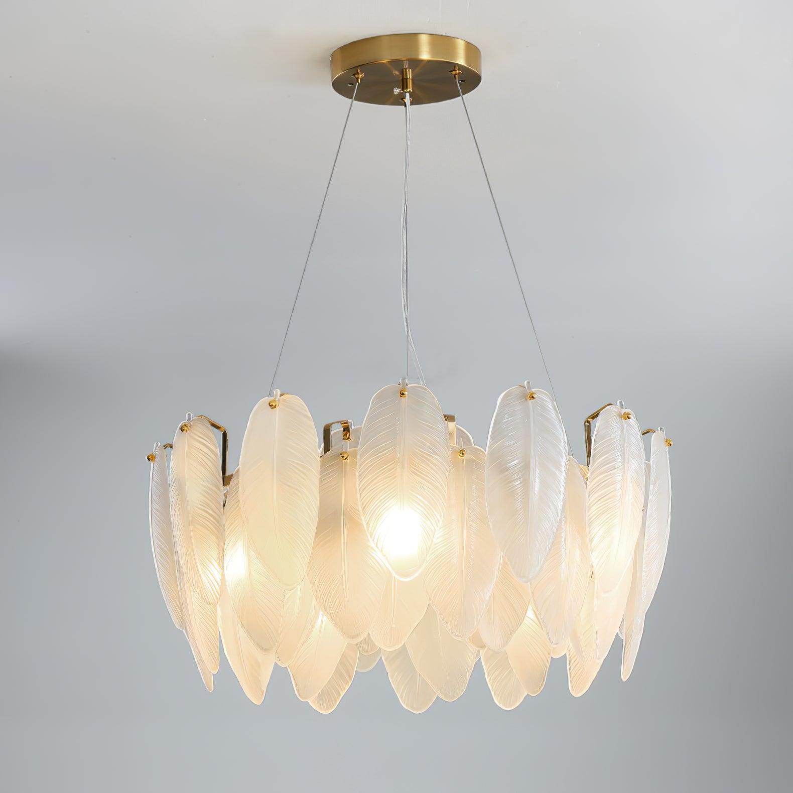 Modern Frosted Glass Feather Chandelier Multi Tier Gold Pendant Light for Living Room