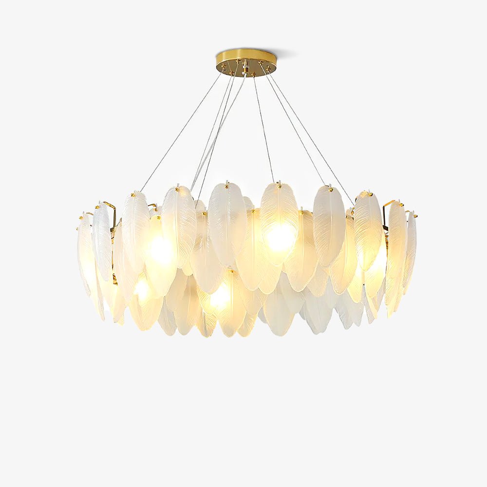 Modern Frosted Glass Feather Chandelier Multi Tier Gold Pendant Light for Living Room