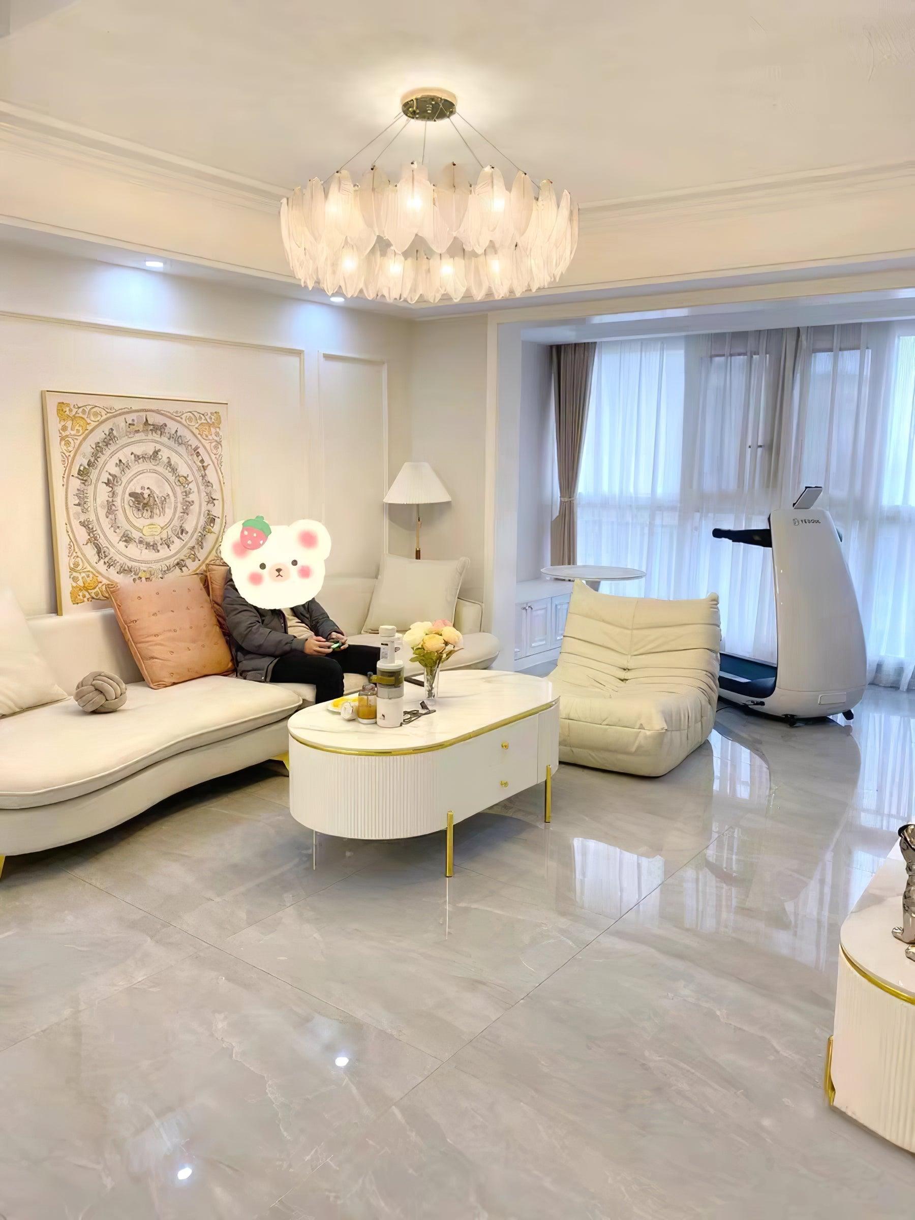 Modern Frosted Glass Feather Chandelier Multi Tier Gold Pendant Light for Living Room