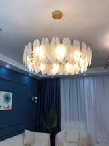 Modern Frosted Glass Feather Chandelier Multi Tier Gold Pendant Light for Living Room