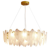Modern Frosted Glass Feather Chandelier Multi Tier Gold Pendant Light for Living Room