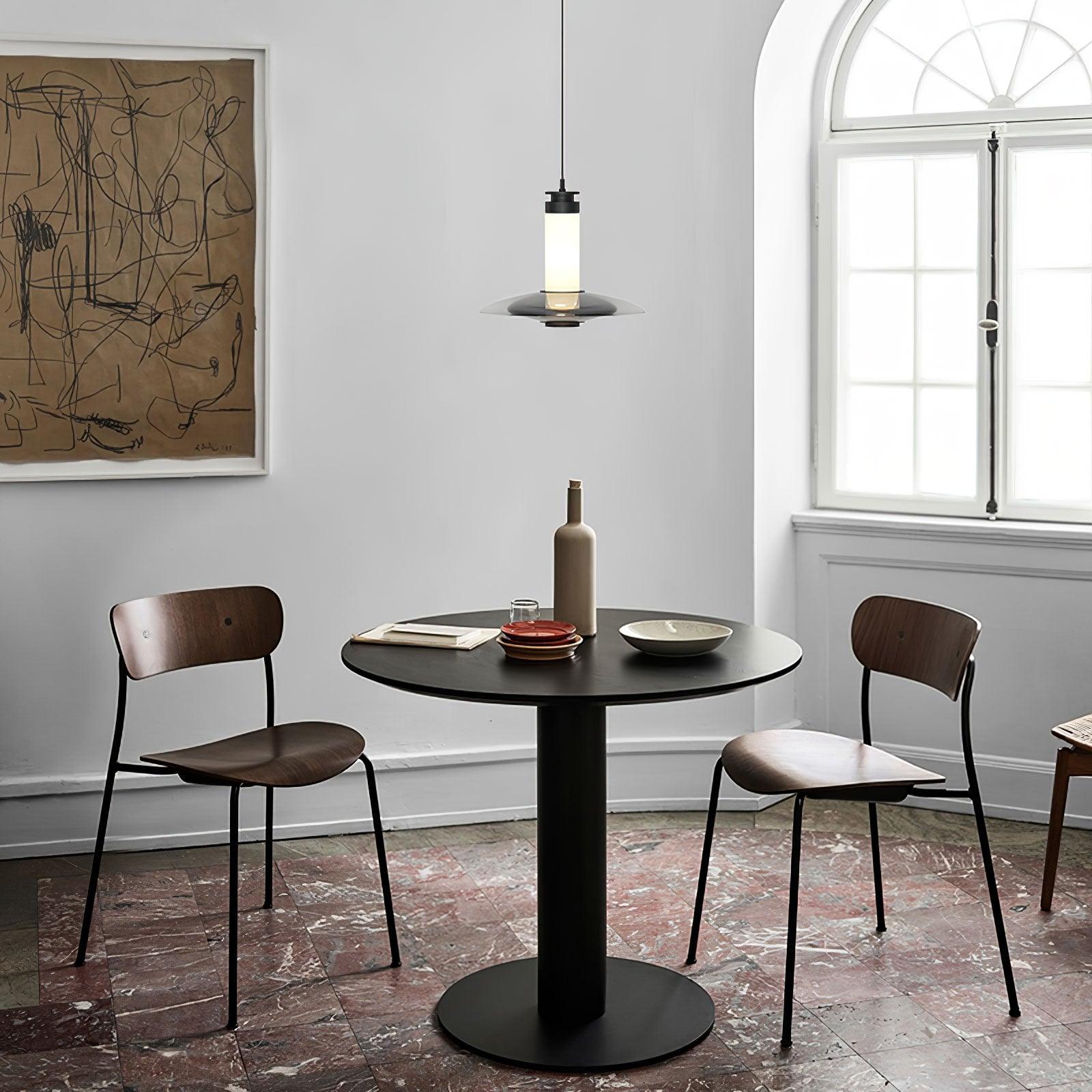 Modern Frosted Glass Tube Pendant Light with Reflective Metal Disc LED Minimalist Hanging Fixture