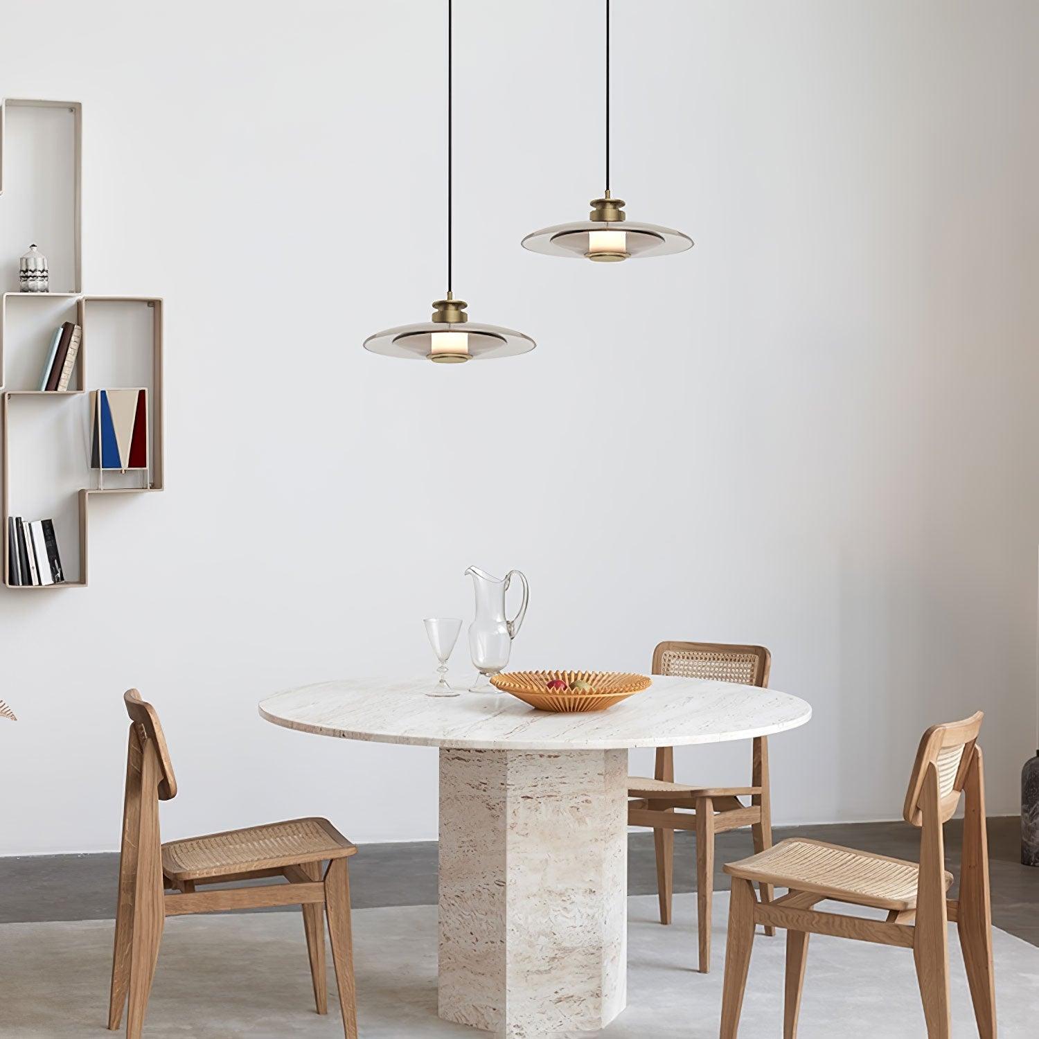 Modern Frosted Glass Tube Pendant Light with Reflective Metal Disc LED Minimalist Hanging Fixture