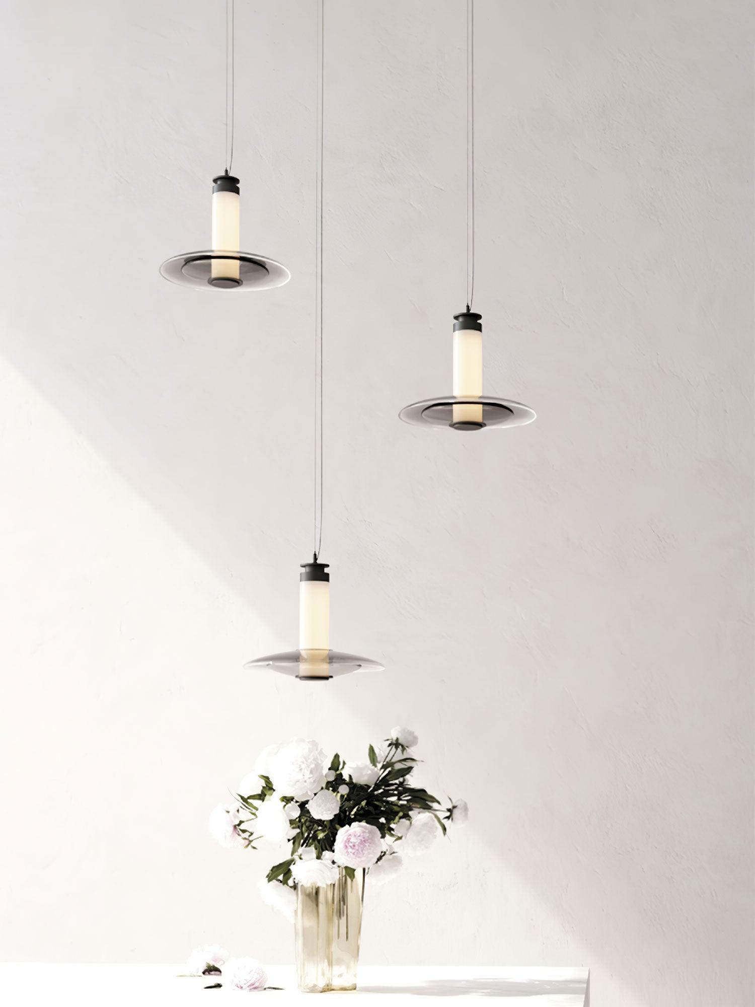 Modern Frosted Glass Tube Pendant Light with Reflective Metal Disc LED Minimalist Hanging Fixture