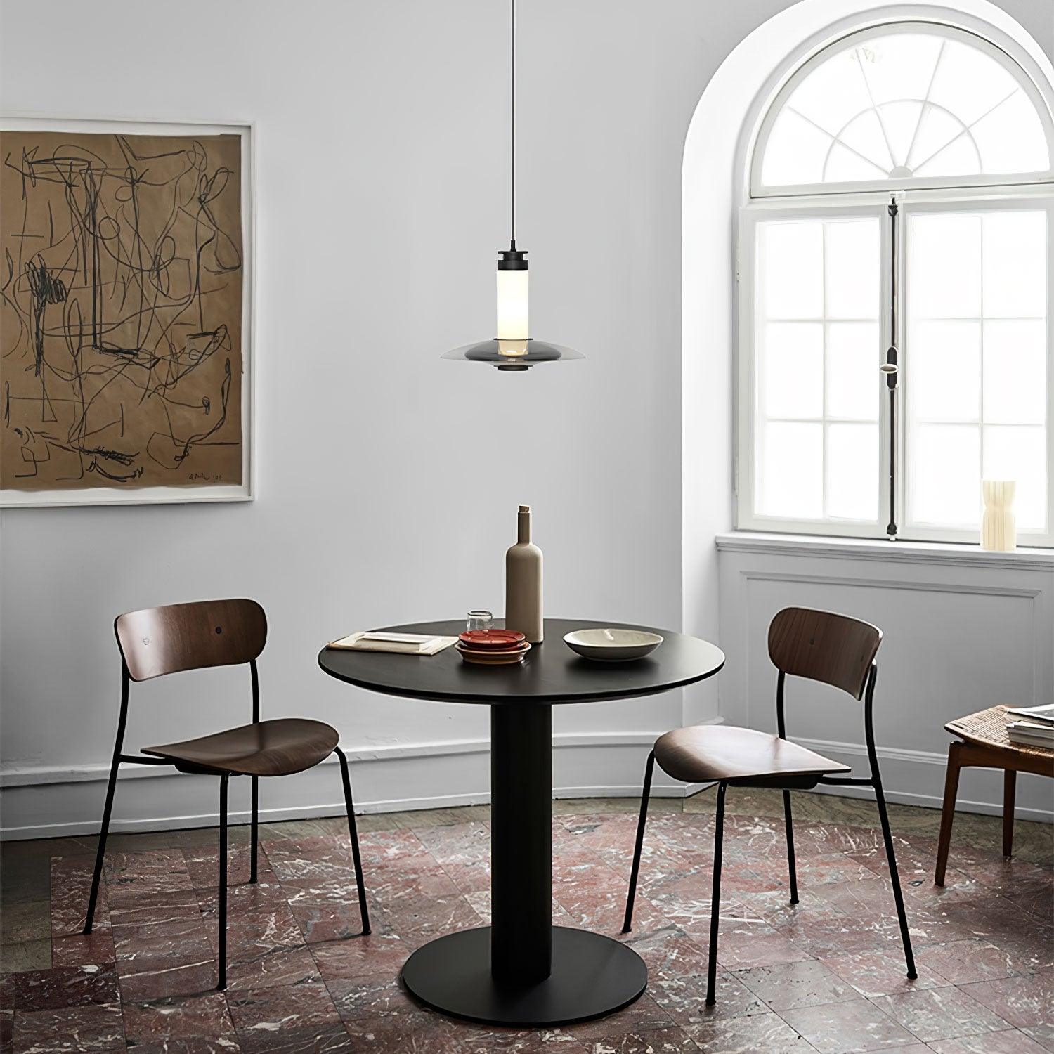 Modern Frosted Glass Tube Pendant Light with Reflective Metal Disc LED Minimalist Hanging Fixture