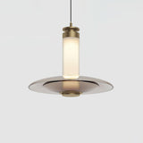 Modern Frosted Glass Tube Pendant Light with Reflective Metal Disc LED Minimalist Hanging Fixture