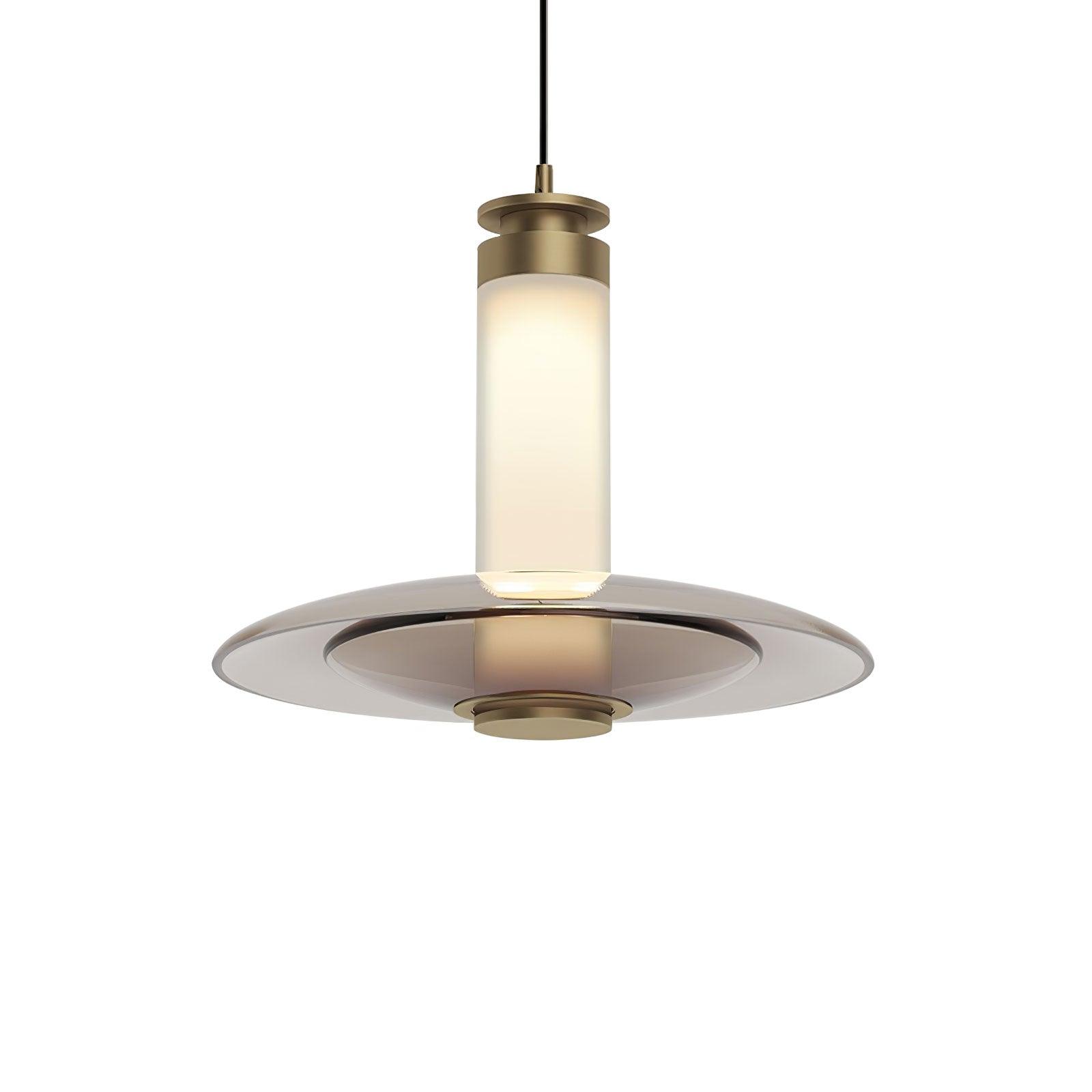 Modern Frosted Glass Tube Pendant Light with Reflective Metal Disc LED Minimalist Hanging Fixture