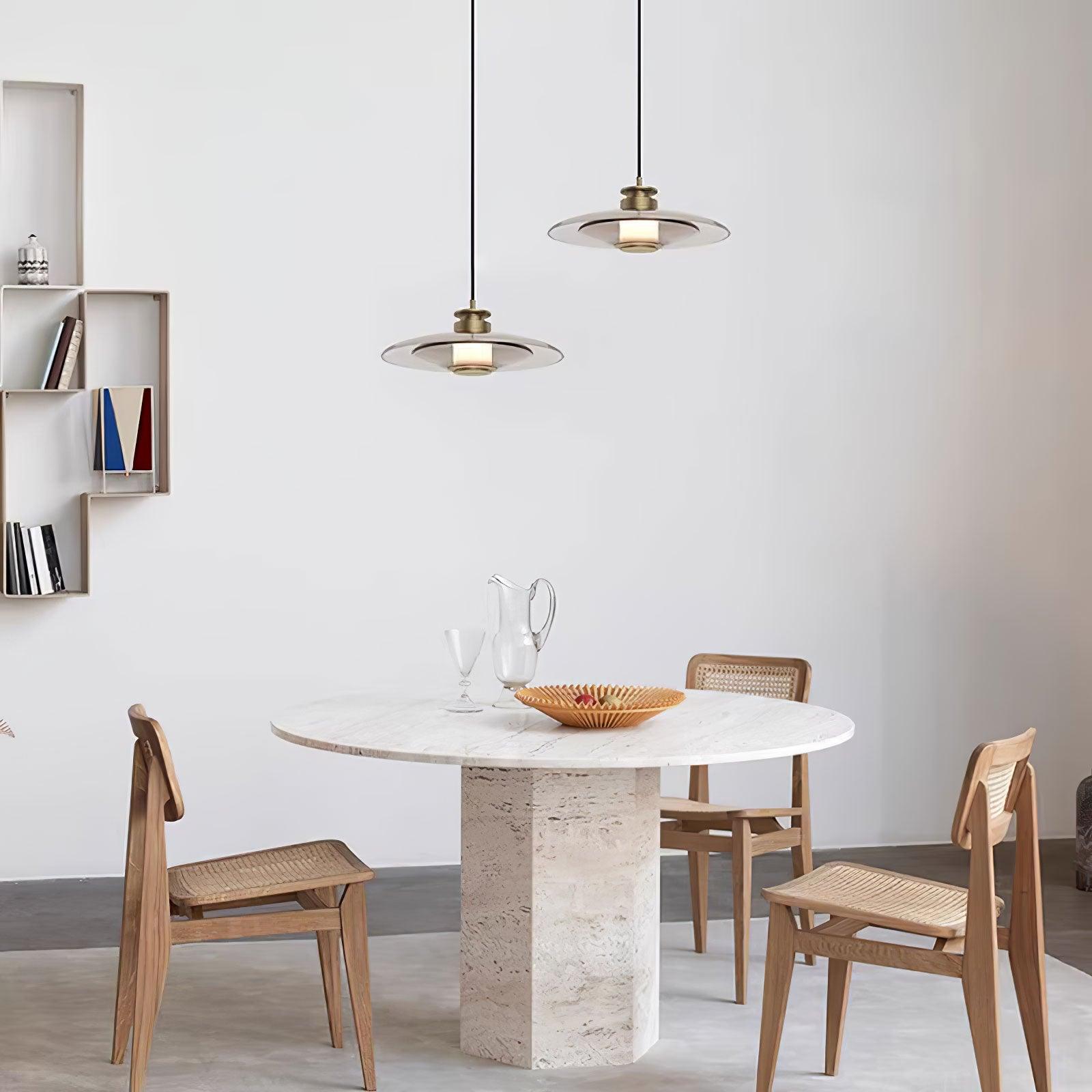 Modern Frosted Glass Tube Pendant Light with Reflective Metal Disc LED Minimalist Hanging Fixture