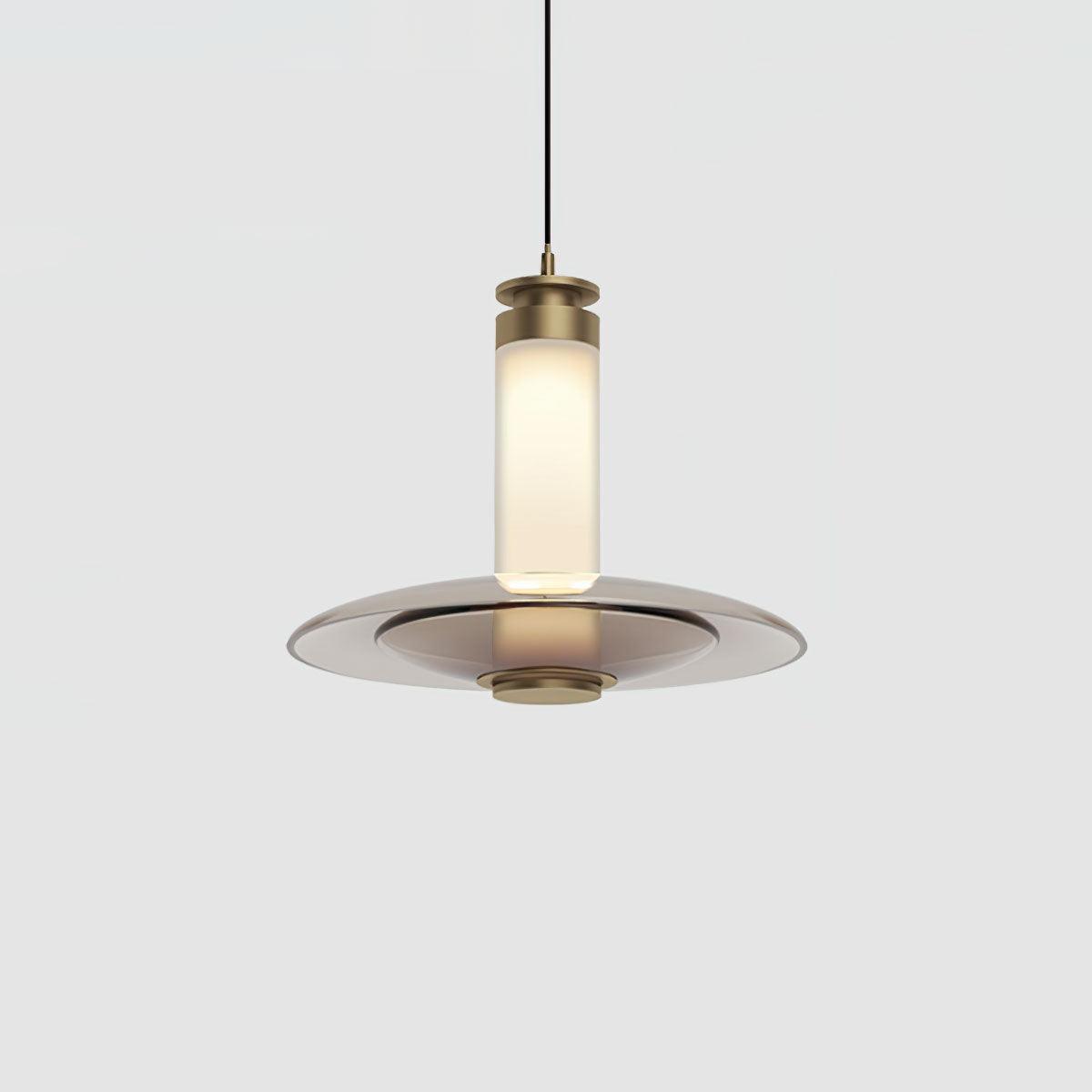 Modern Frosted Glass Tube Pendant Light with Reflective Metal Disc LED Minimalist Hanging Fixture
