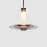 Modern Frosted Glass Tube Pendant Light with Reflective Metal Disc LED Minimalist Hanging Fixture