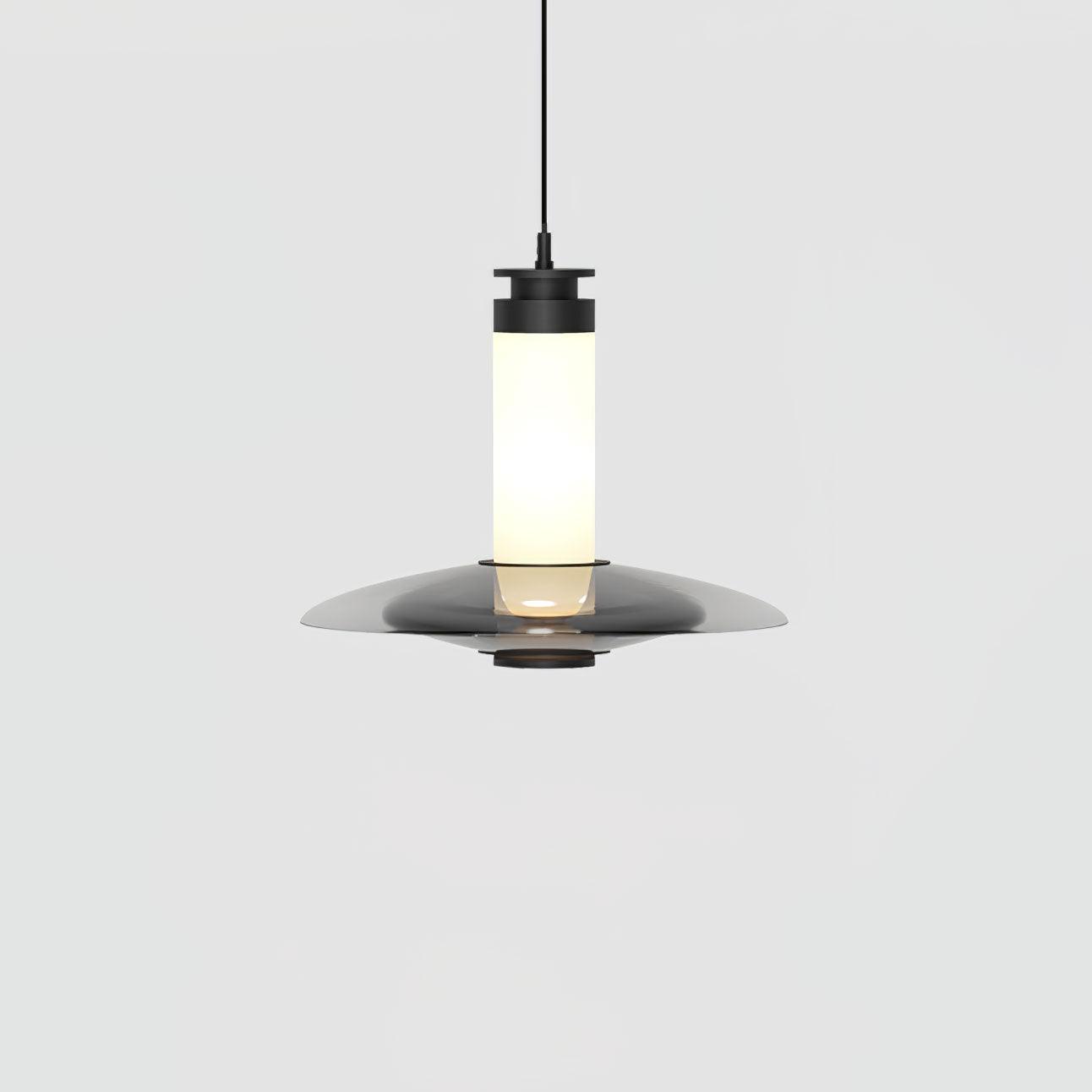 Modern Frosted Glass Tube Pendant Light with Reflective Metal Disc LED Minimalist Hanging Fixture