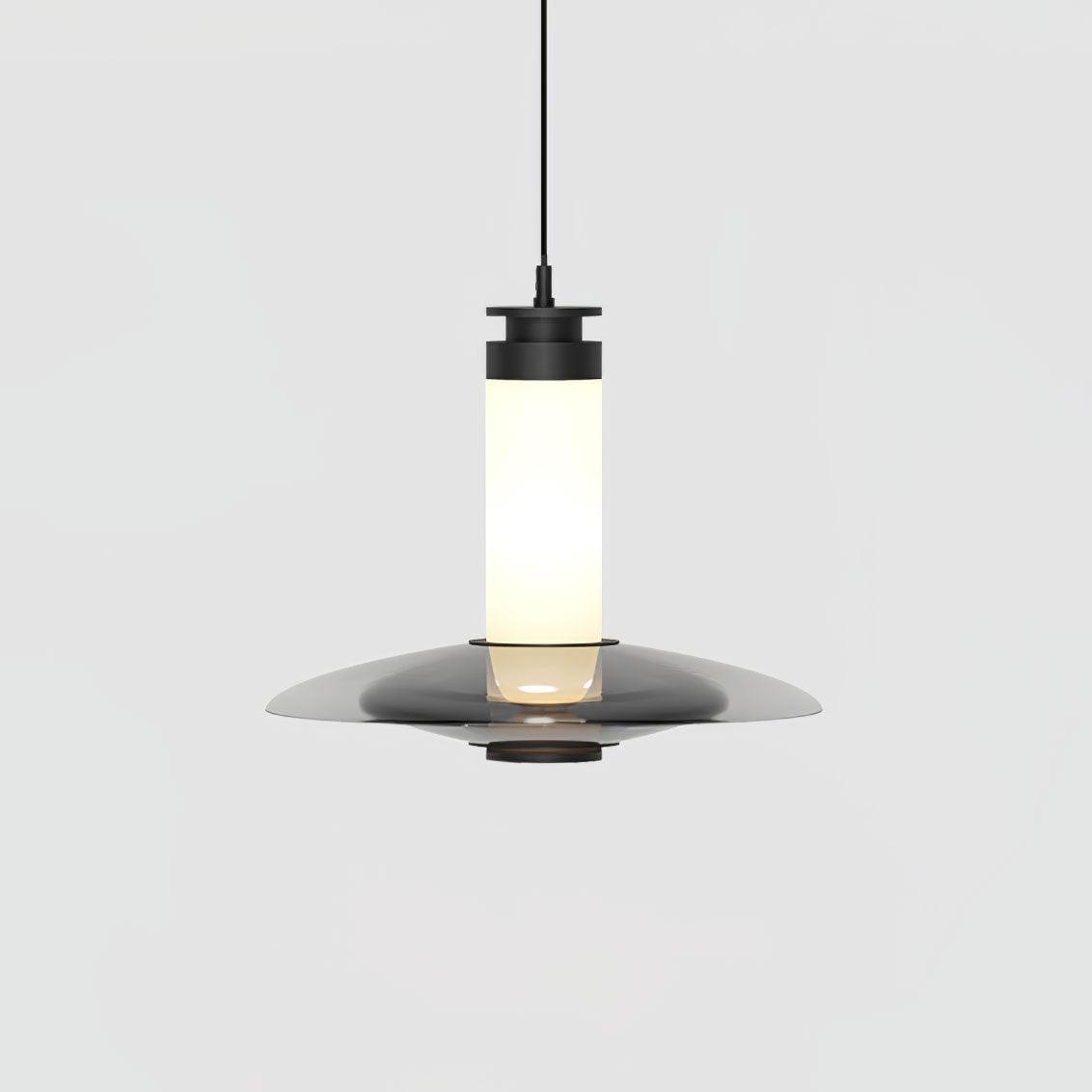 Modern Frosted Glass Tube Pendant Light with Reflective Metal Disc LED Minimalist Hanging Fixture