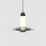Modern Frosted Glass Tube Pendant Light with Reflective Metal Disc LED Minimalist Hanging Fixture