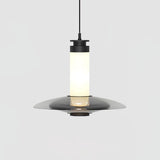 Modern Frosted Glass Tube Pendant Light with Reflective Metal Disc LED Minimalist Hanging Fixture