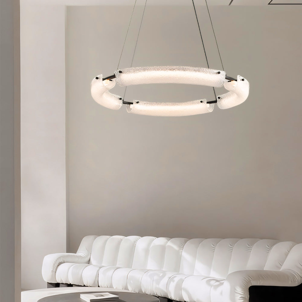 Modern Frosted Water Glass LED Ring Chandelier Minimalist Black Iron Pendant Light