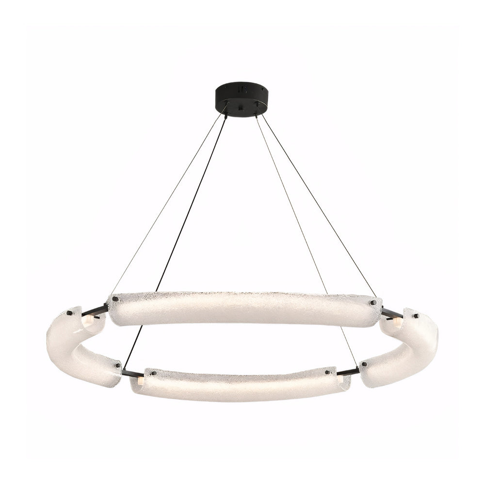 Modern Frosted Water Glass LED Ring Chandelier Minimalist Black Iron Pendant Light
