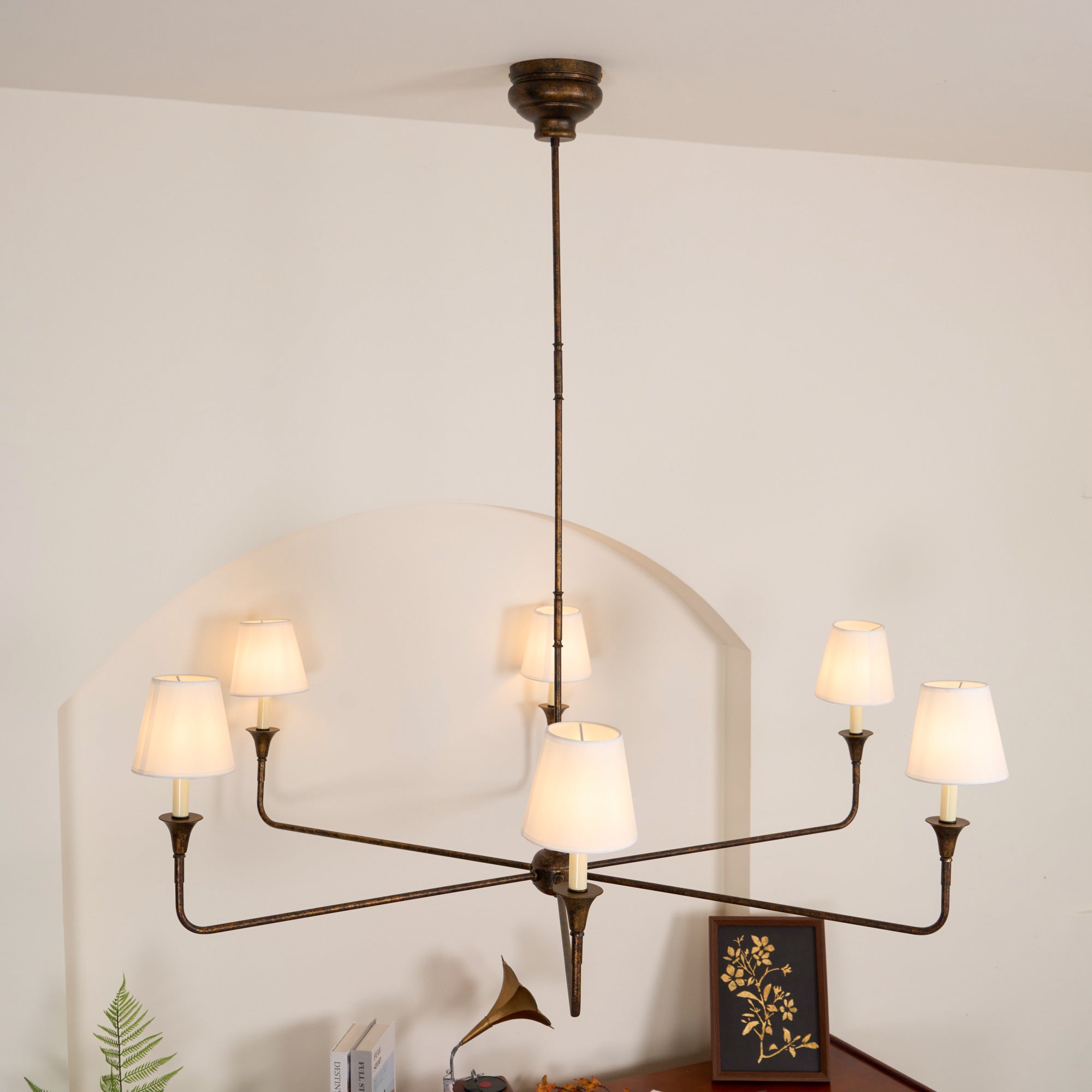 Modern Gasolier Large Candle Style Chandelier with Fabric Tapered Lampshades for Living Room