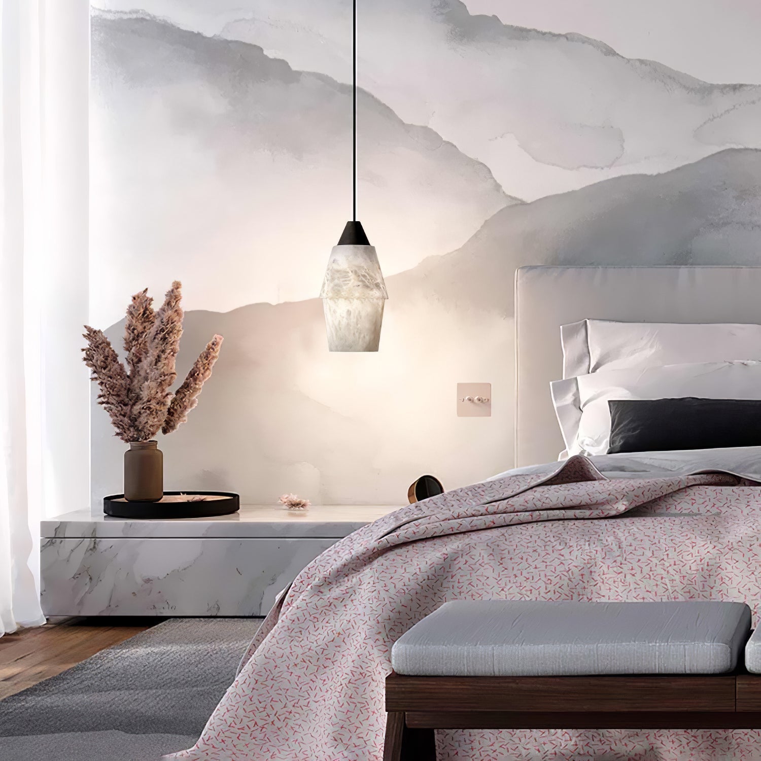 Modern Geometric Alabaster and Brass Pendant Light for Contemporary Home Interiors